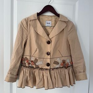 Y2K Moschino Pinstripe Peplum Blazer Jacket floral appliqués and bead details